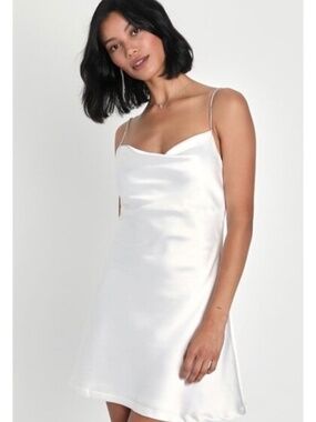 Lulus White Satin Slip Dress Mini Cowl Neck Size XL Bridal Party